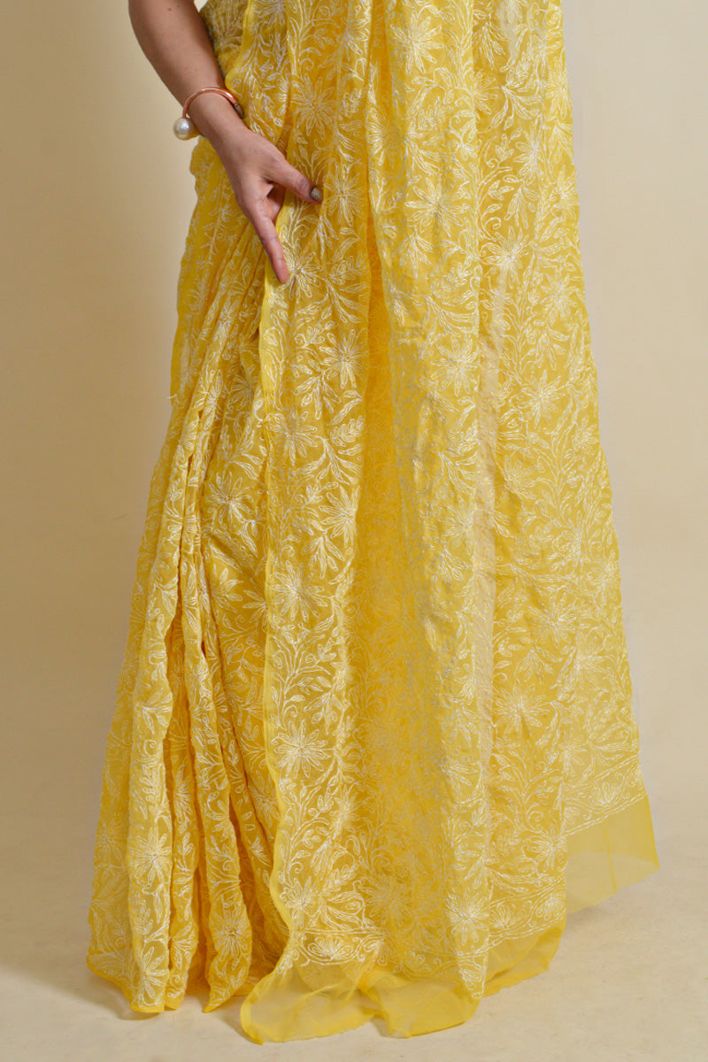 Yellow Colour Georgette Lucknowi Chikankari Saree with Blouse