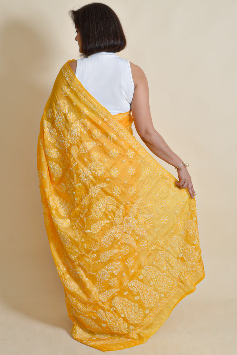 Yellow Colour  Tussar Silk  Lucknowi Chikankari Saree With Blouse