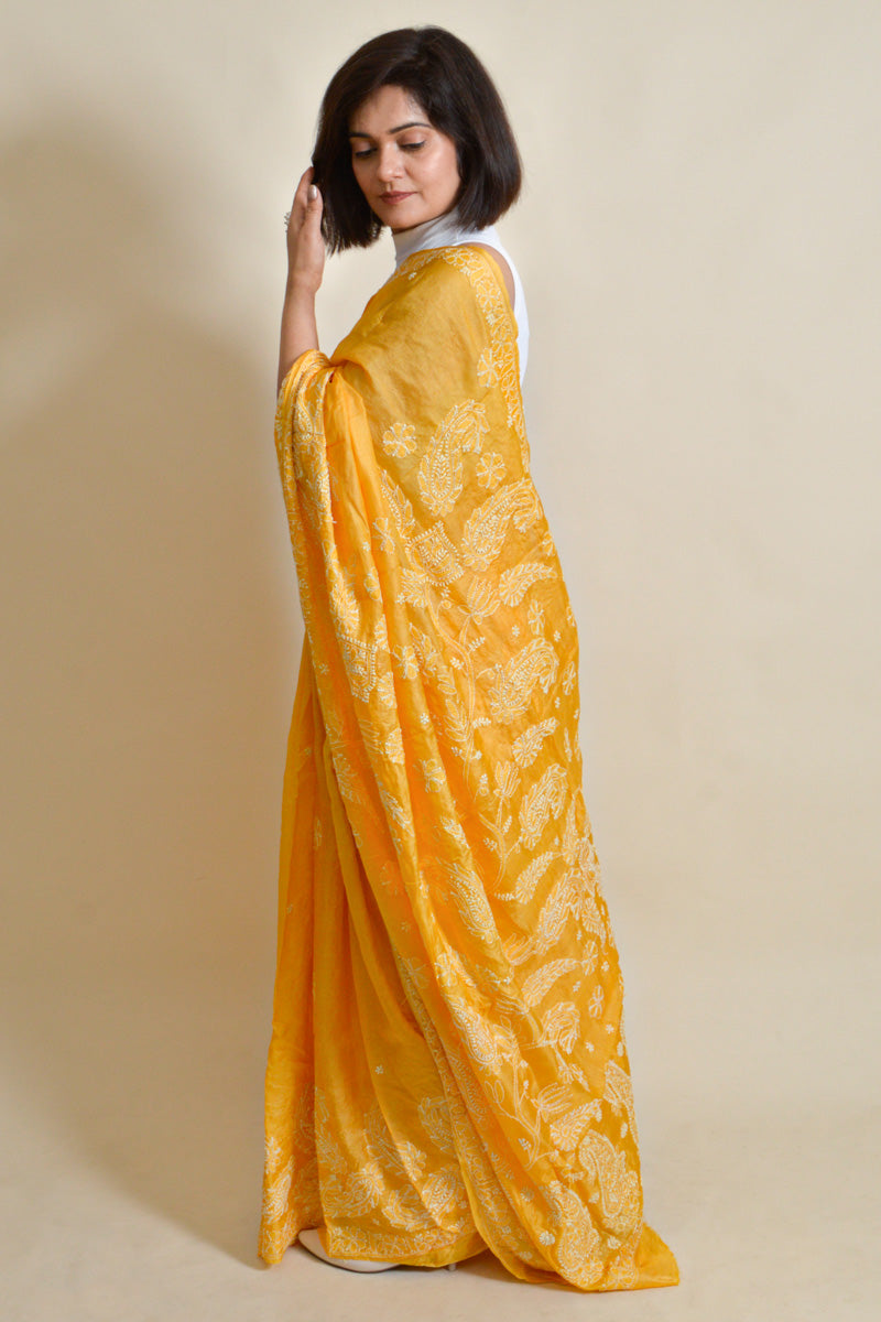 Yellow Colour  Tussar Silk  Lucknowi Chikankari Saree With Blouse