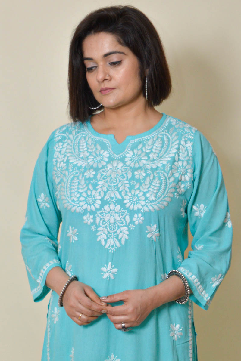 Sky Blue Color Rayon Cotton Lucknowi Chikankari Kurta Bottom Set