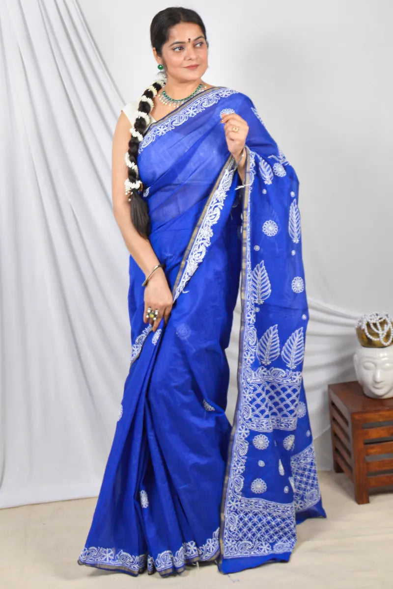 Fabnuma Handcrafted Blue Chanderi Lucknowi Chikankari Designer Saree with Blouse Lucknowi Chikankari
