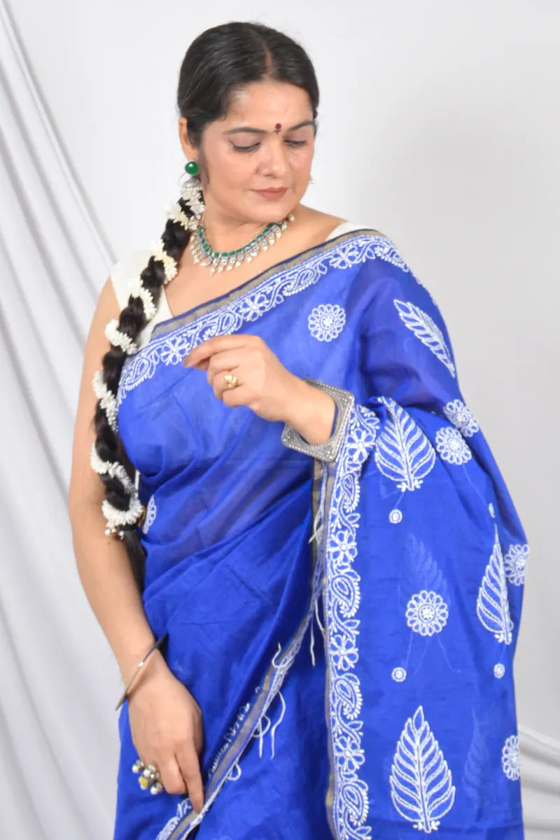 Fabnuma Handcrafted Blue Chanderi Lucknowi Chikankari Designer Saree with Blouse Lucknowi Chikankari