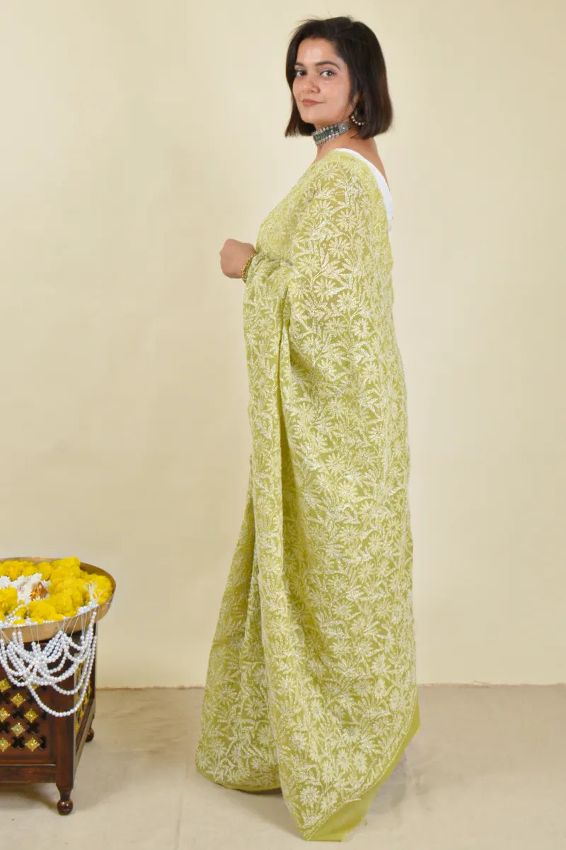 Fabnuma Handcrafted Green Kota Cotton Chikankari Saree with Blouse