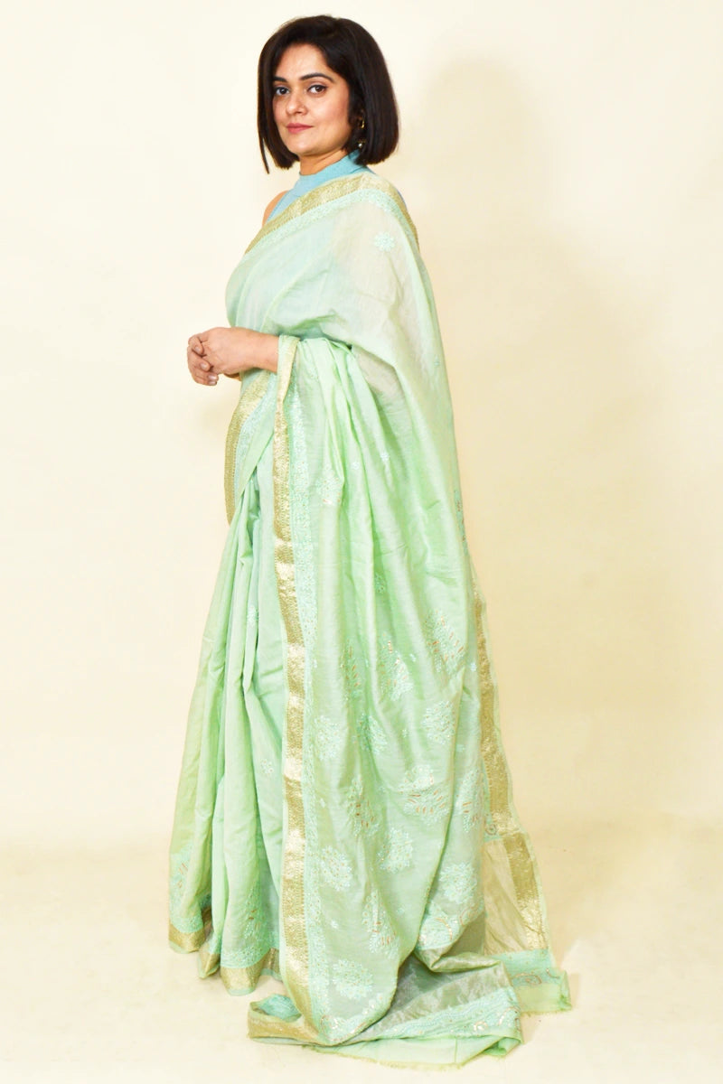 Fabnuma Handcrafted Mint Green Chanderi Silk Chikankari Saree-Saree Lucknowi Chikankari