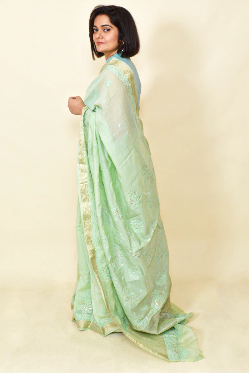 Fabnuma Handcrafted Mint Green Chanderi Silk Chikankari Saree-Saree Lucknowi Chikankari