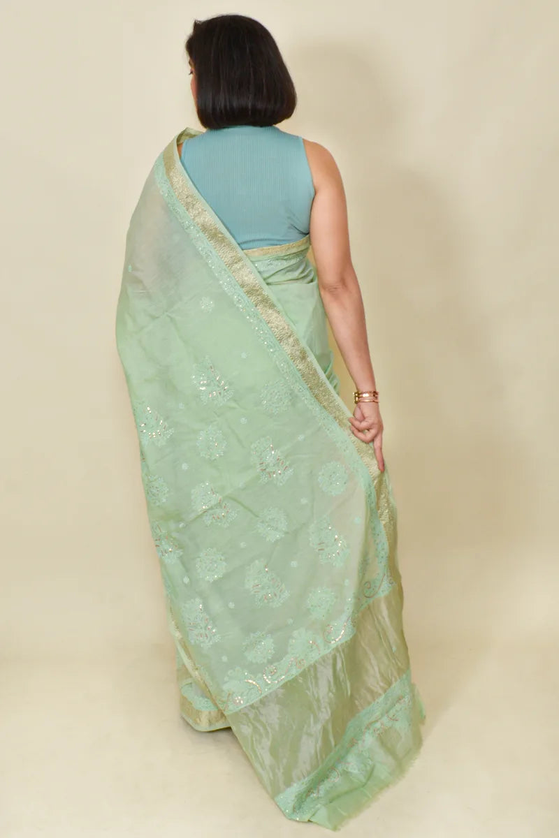 Fabnuma Handcrafted Mint Green Chanderi Silk Chikankari Saree-Saree Lucknowi Chikankari