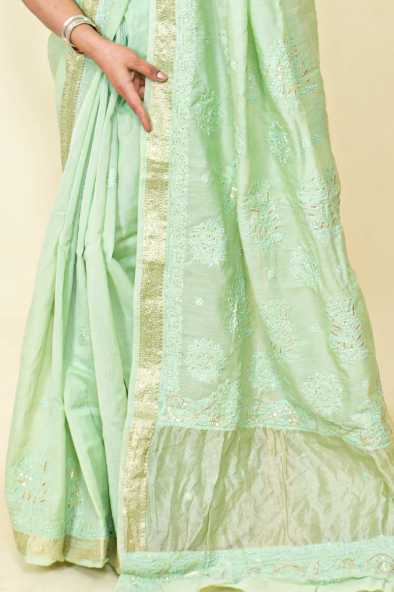 Fabnuma Handcrafted Mint Green Chanderi Silk Chikankari Saree-Saree Lucknowi Chikankari