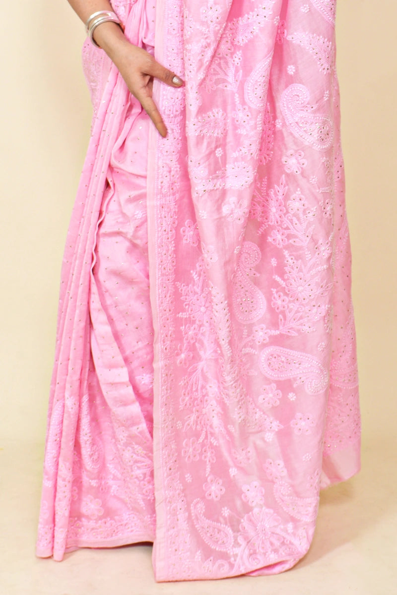 Fabnuma Handcrafted Pink Chanderi Silk Chikankari Saree-Blouse Lucknowi Chikankari