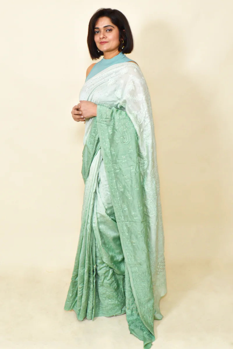 Fabnuma Handcrafted Shaded Pista Green Chanderi Silk Chikankari Saree-Blouse Lucknowi Chikankari