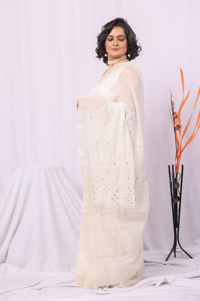 Fabnuma Handcrafted White Chanderi Chikankari Saree-Blouse Lucknowi Chikankari