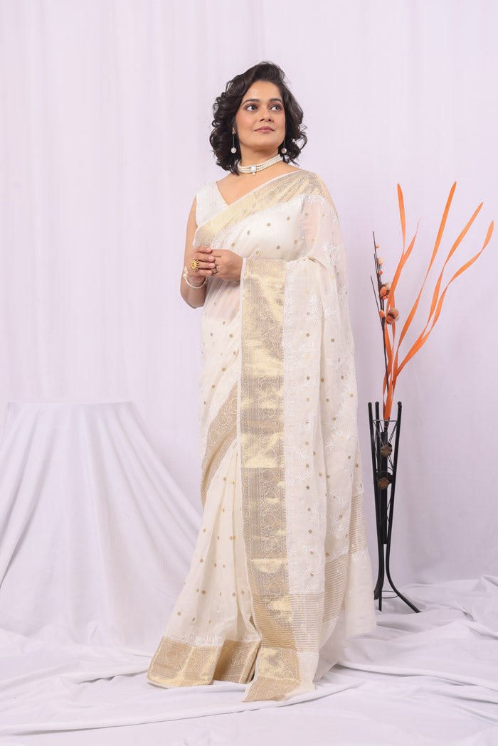 Fabnuma Handcrafted White Chanderi Silk Chikankari Saree-Blouse Lucknowi Chikankari