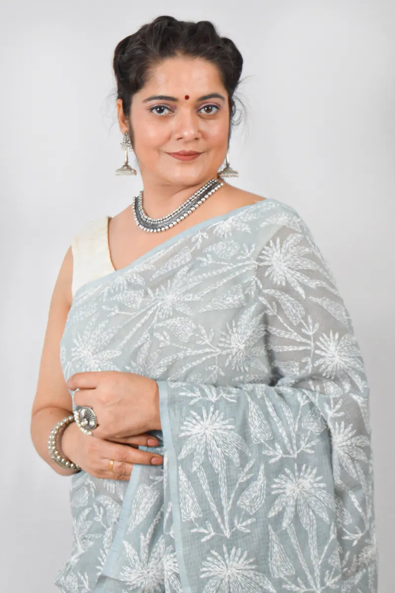 Gray Kota cotton saree with handcrafted Lucknowi Chikankari embroidery and matching blouse – ethnic wear by Fabnuma