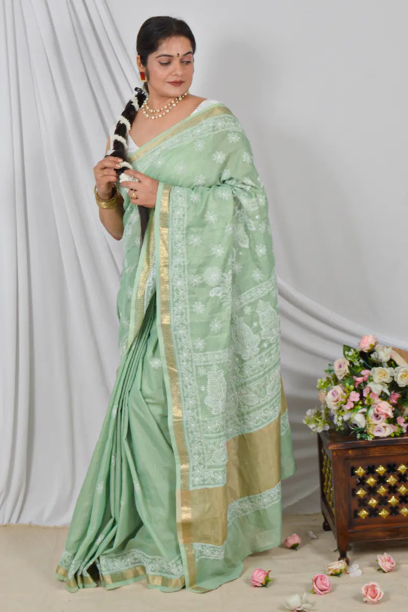Handcrafted Green chanderi Saree with intricate Lucknowi Chikankari embroidery and a matching Blouse, ideal for Festive and Wedding occasions.