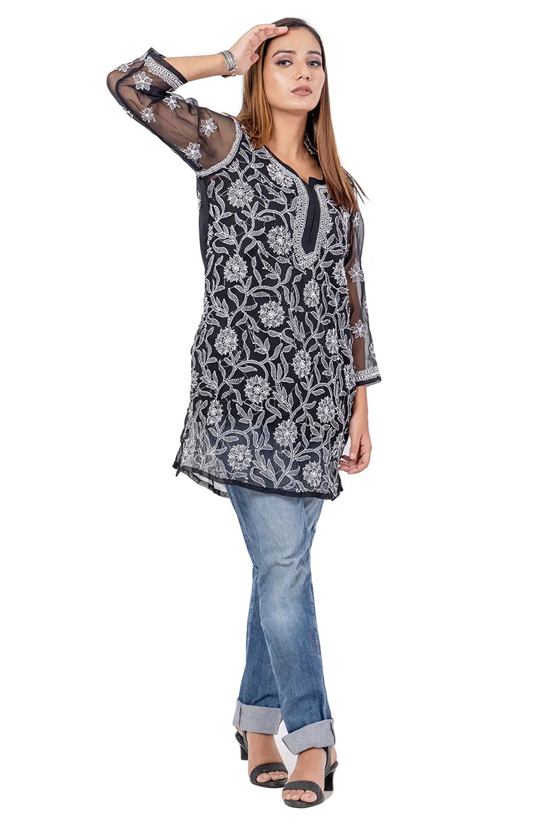 Hand Embroidered Lucknowi Chikankari Black Georgette Short Kurti Top