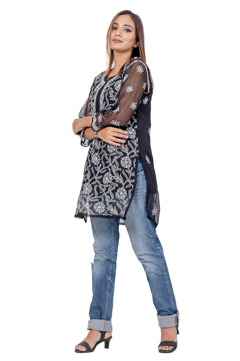 Hand Embroidered Lucknowi Chikankari Black Georgette Short Kurti Top