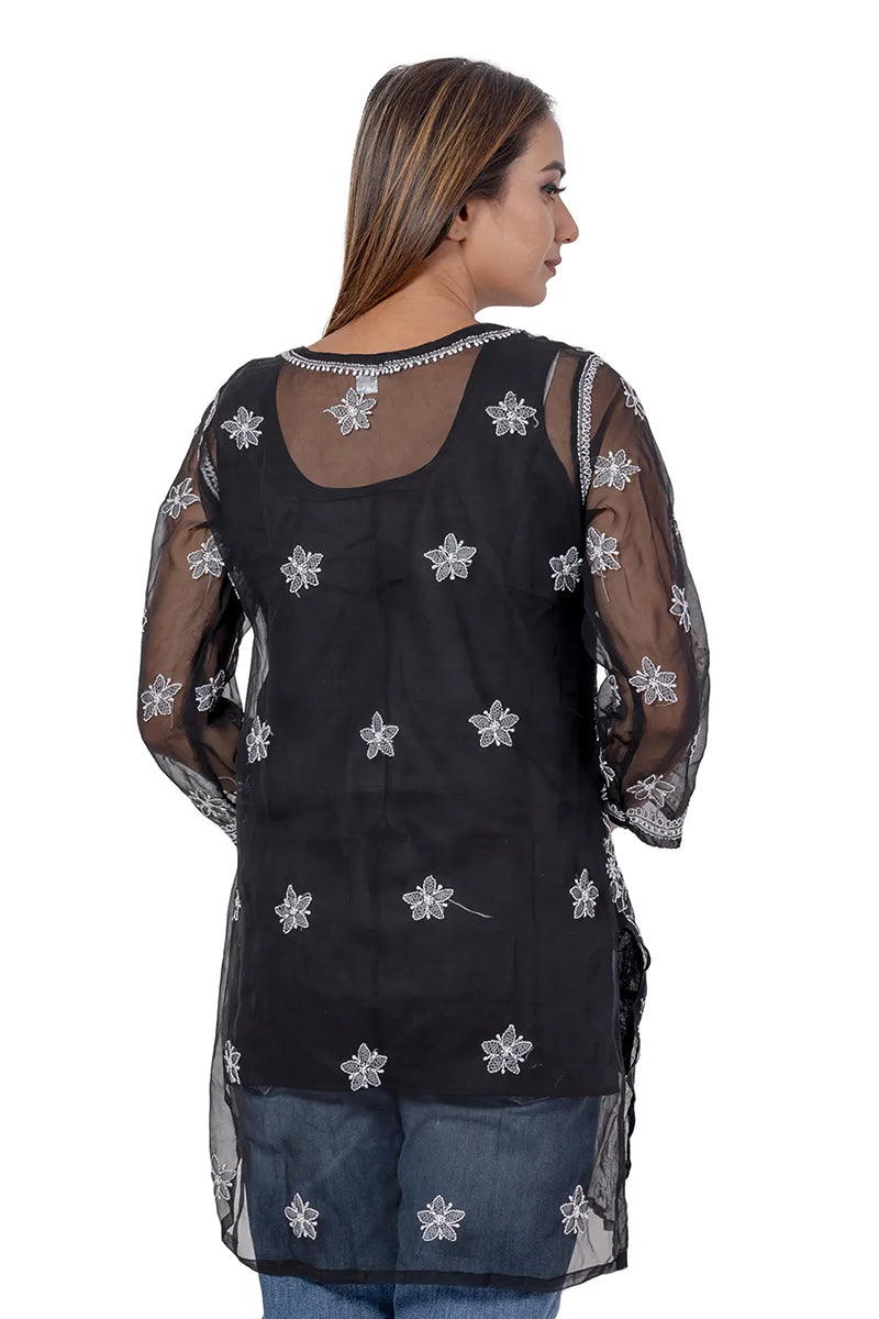 Hand Embroidered Lucknowi Chikankari Black Georgette Short Kurti Top