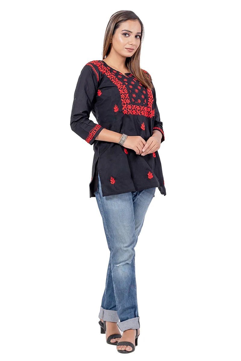 Hand Embroidered Lucknowi Chikankari Black Cotton Short Top