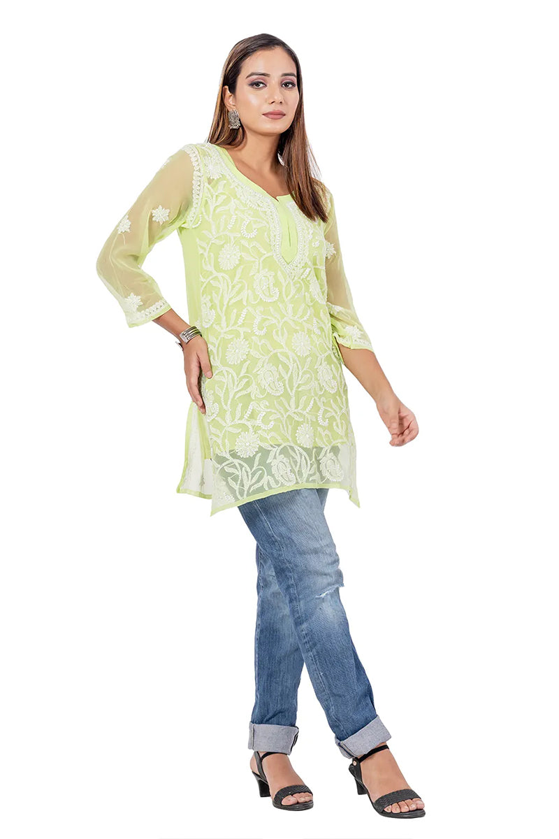 Hand Embroidered Lucknowi Chikankari Light Green Georgette Short Kurti