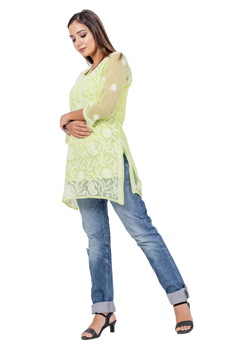 Hand Embroidered Lucknowi Chikankari Light Green Georgette Short Kurti