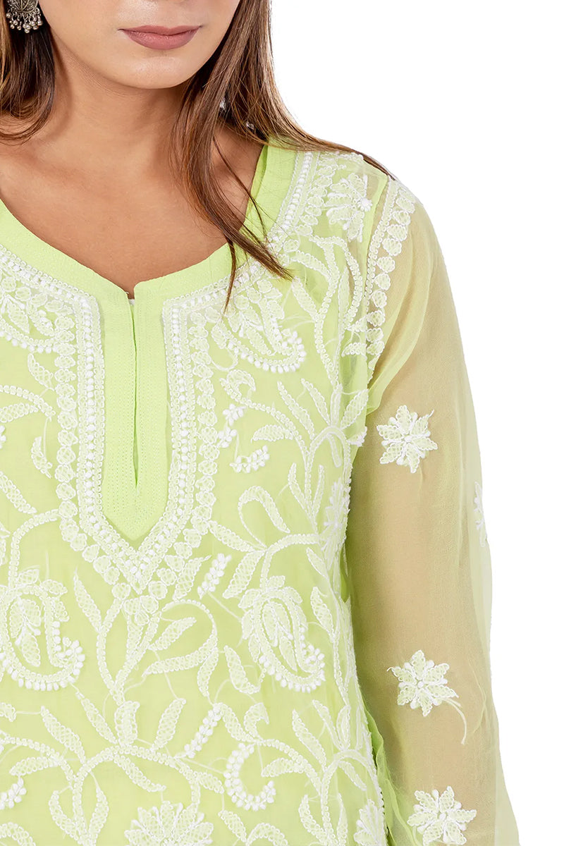 Hand Embroidered Lucknowi Chikankari Light Green Georgette Short Kurti