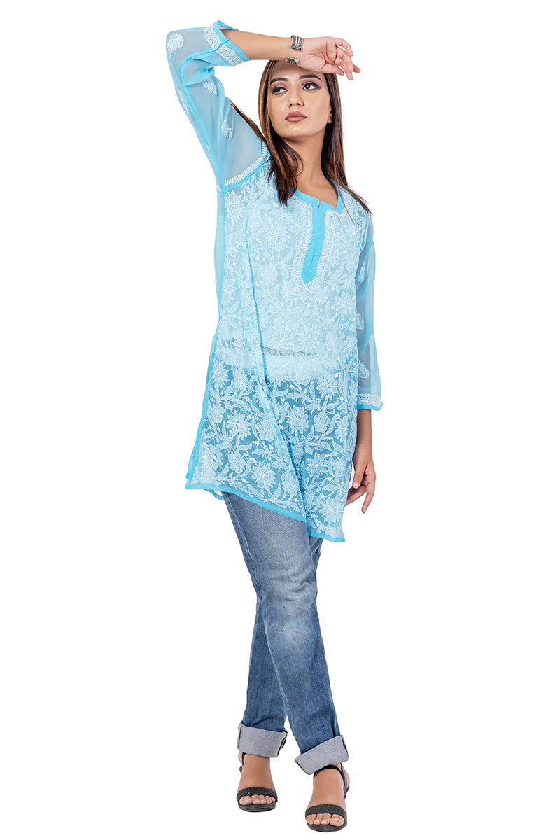 Hand Embroidered Lucknowi Chikankari Sky Blue Georgette Short Top