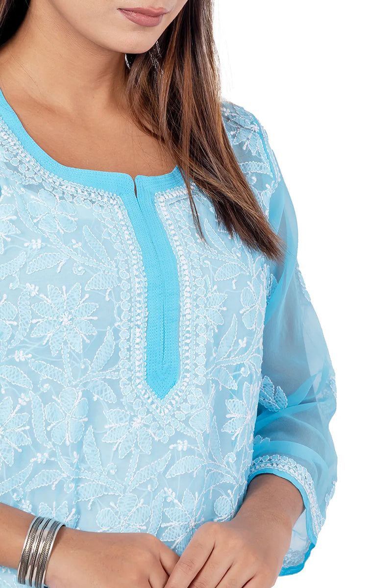 Hand Embroidered Lucknowi Chikankari Sky Blue Georgette Short Top