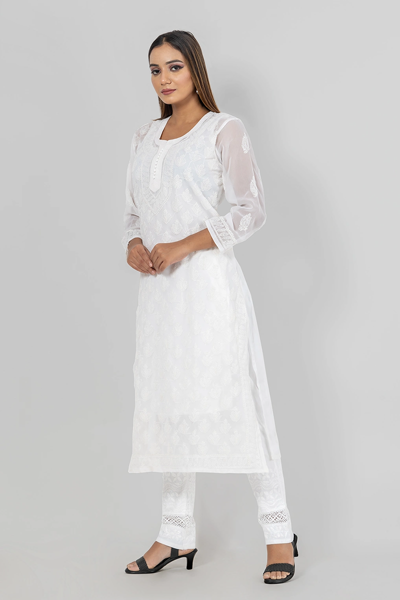 Hand Embroidered Lucknowi Chikankari White Georgette  Kurti