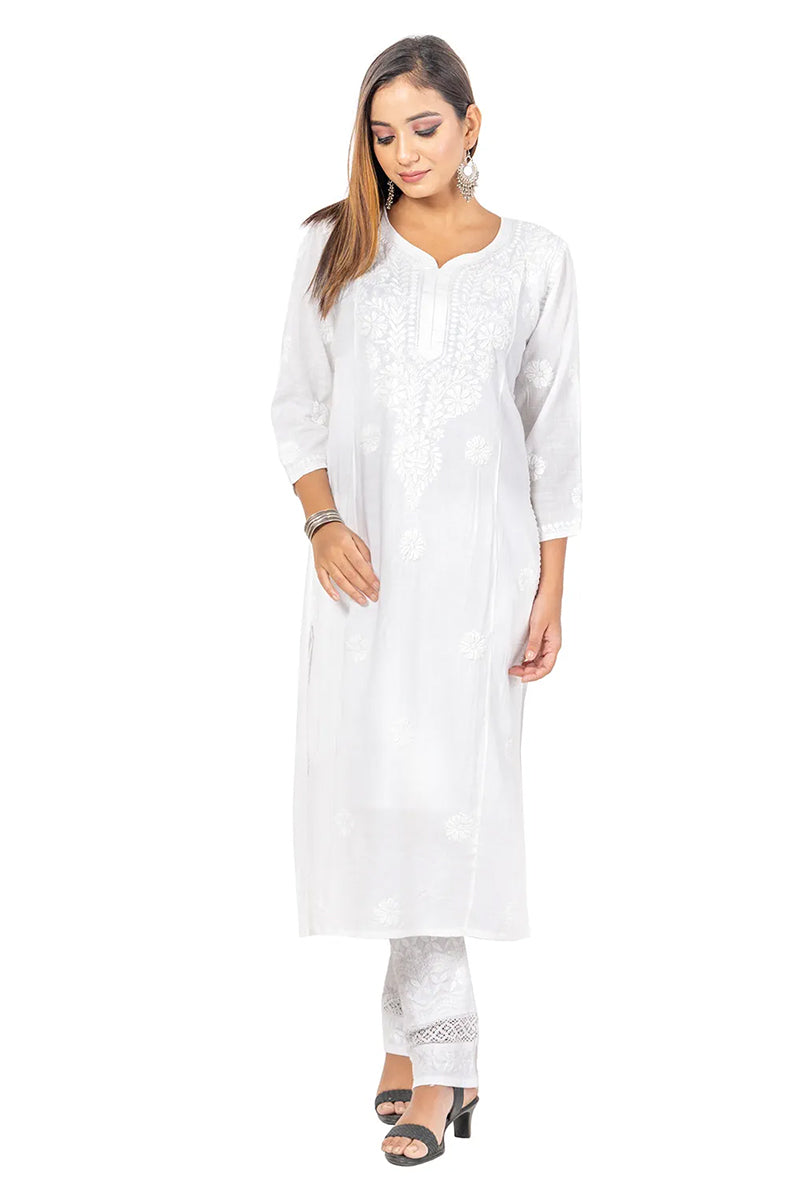 Hand Embroidered Lucknowi Chikankari  Rayon Cotton Long Kurti