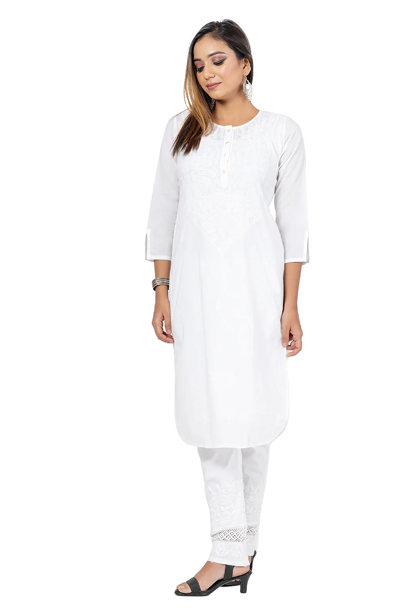 Hand Embroidered White Cotton  Lucknowi Chikankari Kurti