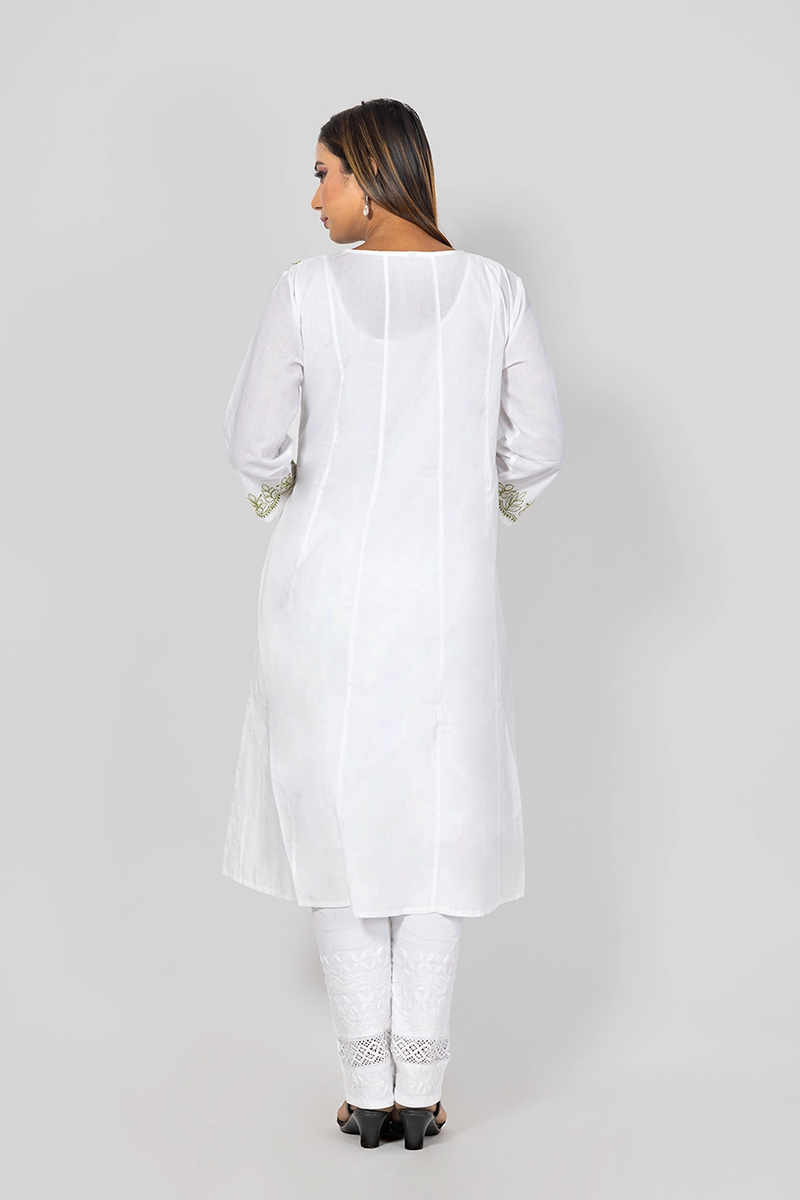 Hand Embroidered Lucknowi Chikankari Designer White Cotton A-Line Kurti