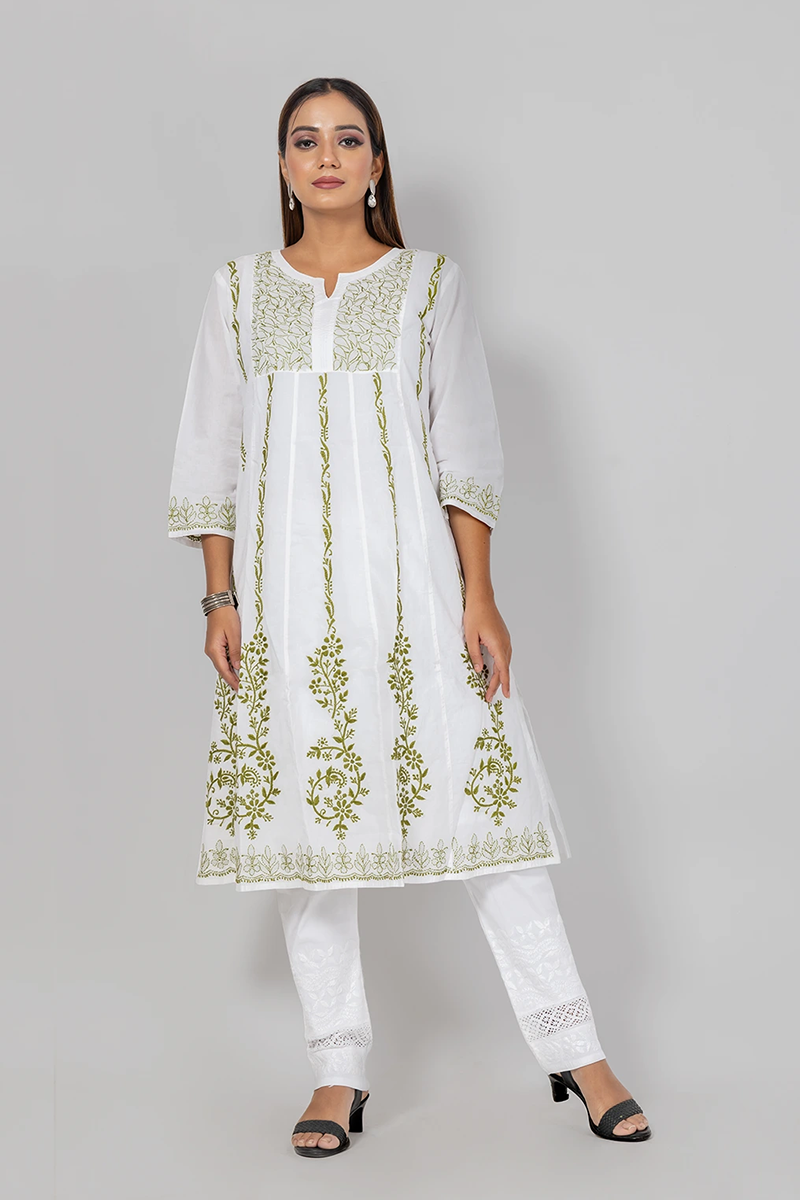 Hand Embroidered Lucknowi Chikankari Designer White Cotton A-Line Kurti