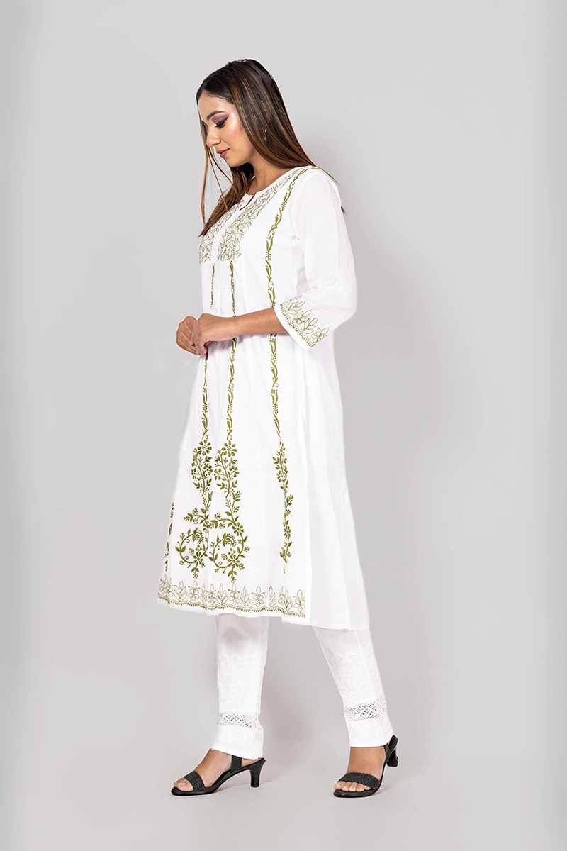 Hand Embroidered Lucknowi Chikankari Designer White Cotton A-Line Kurti