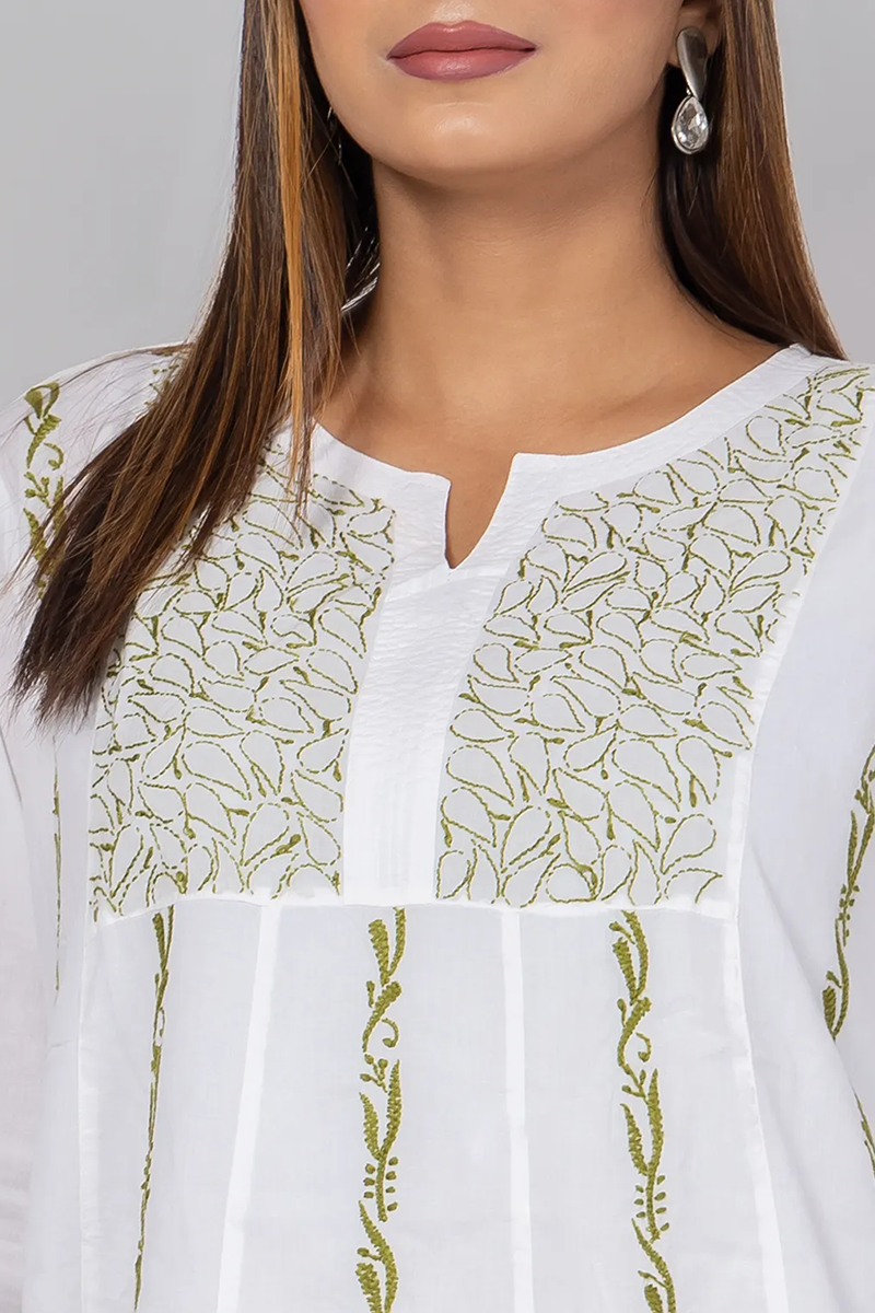 Hand Embroidered Lucknowi Chikankari Long Designer White Cotton Kurti