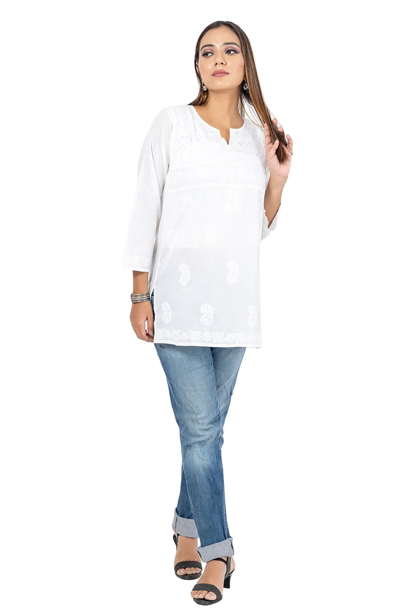 Hand Embroidered Lucknowi Chikankari White Short Cotton Kurti