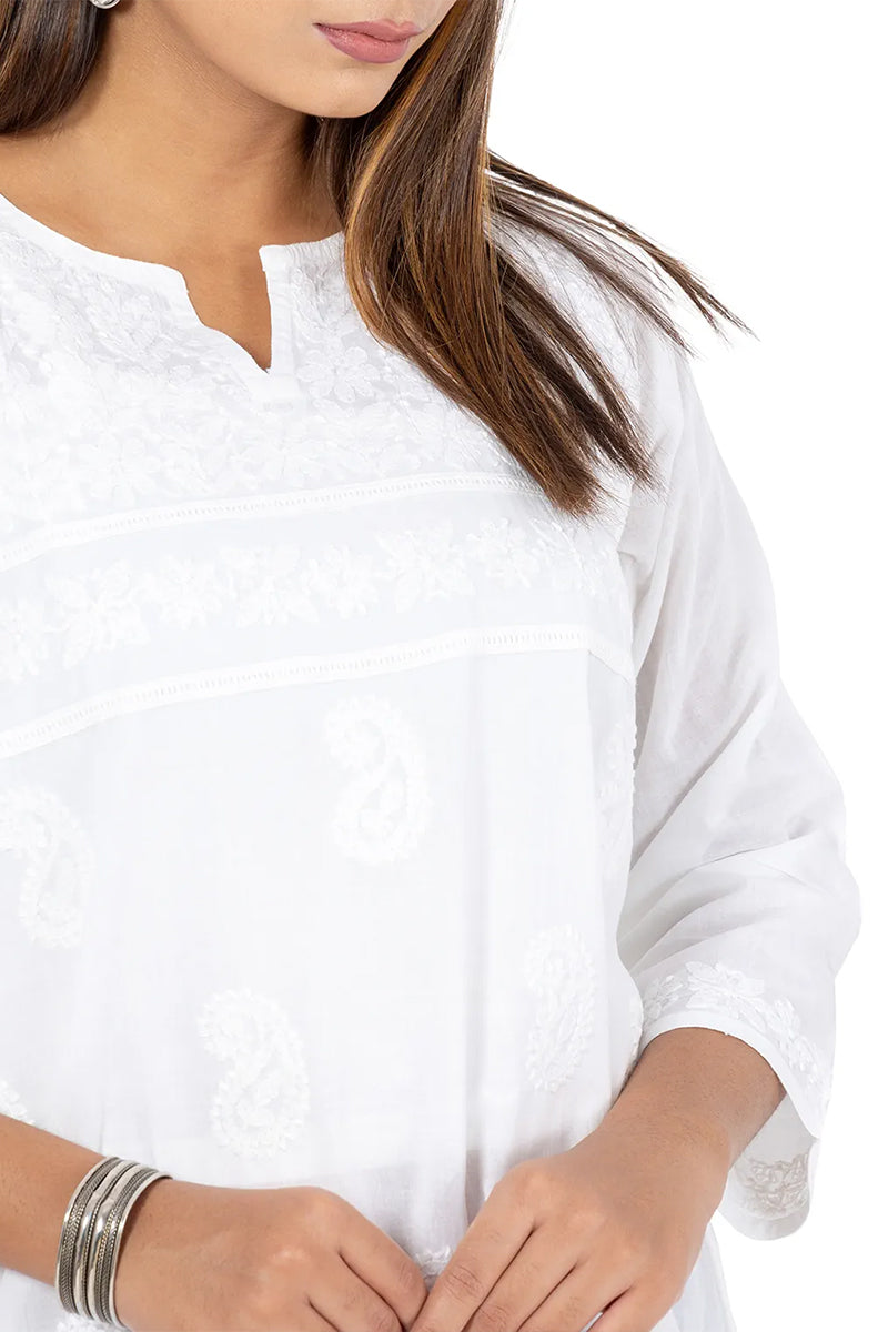 Hand Embroidered Lucknowi Chikankari White Short Cotton Kurti