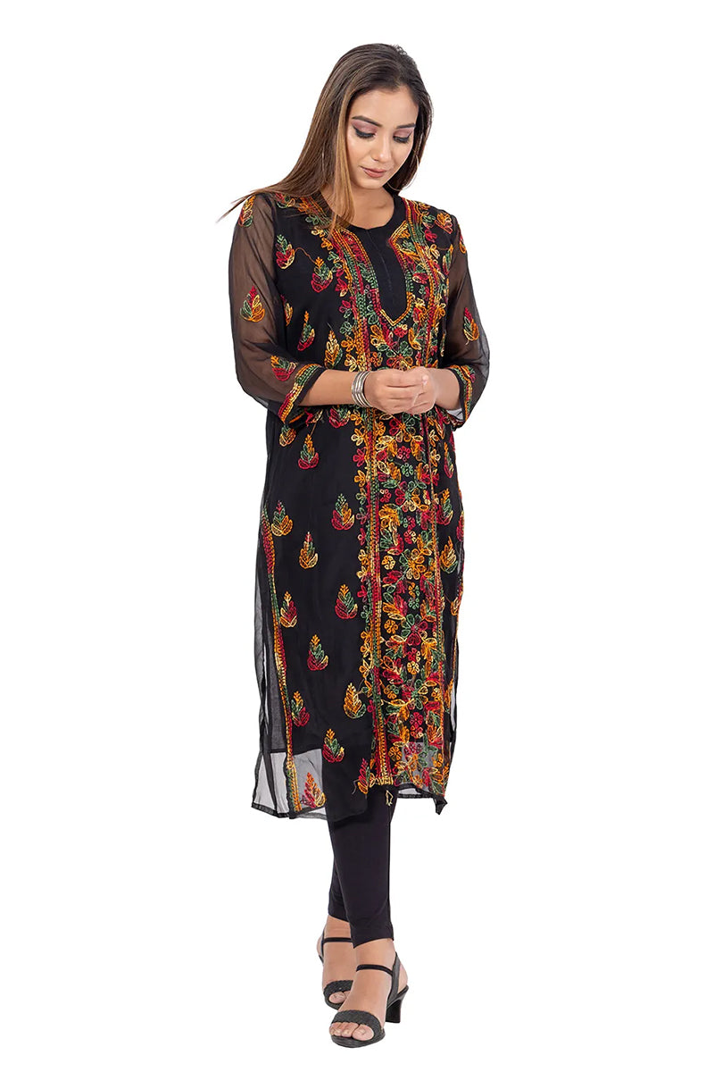 Hand Embroidered Lucknowi Chikankari Georgette Black Long Kurti