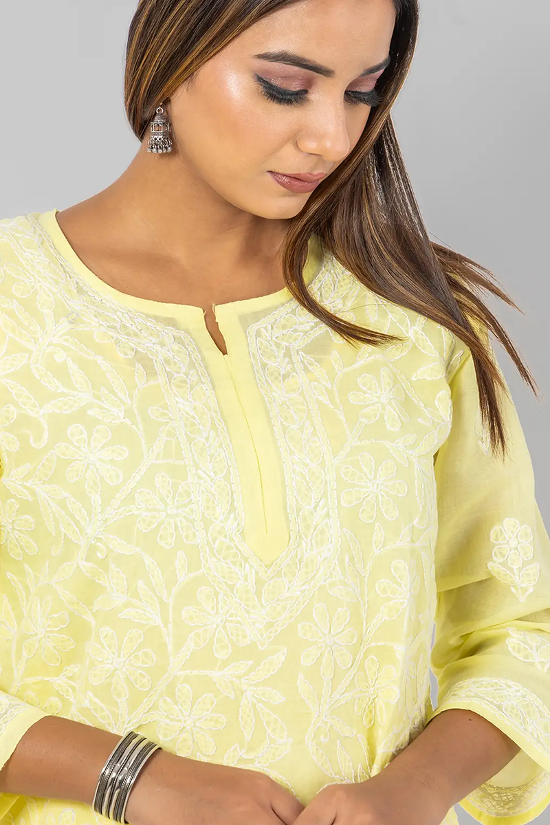 Hand Embroidered Lucknowi Chikankari Designer Lemon Cotton Kurti