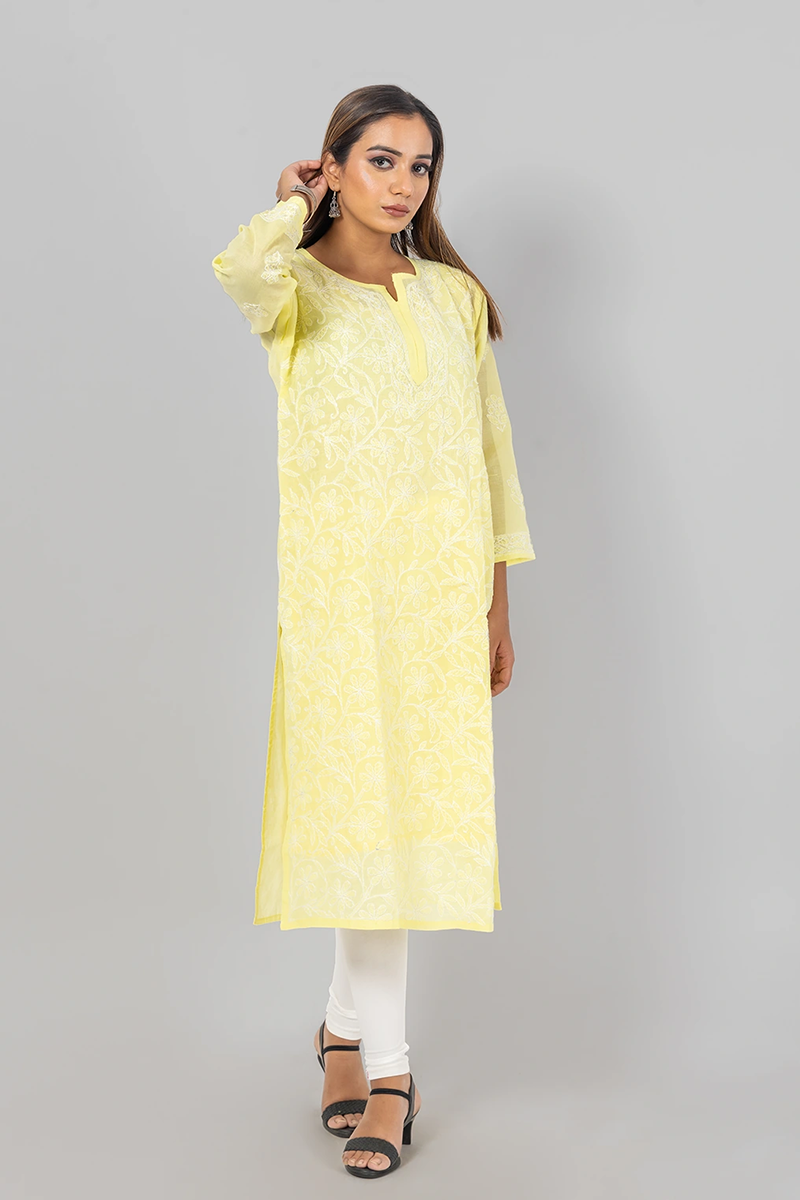 Hand Embroidered Lucknowi Chikankari Designer Lemon Cotton Kurti