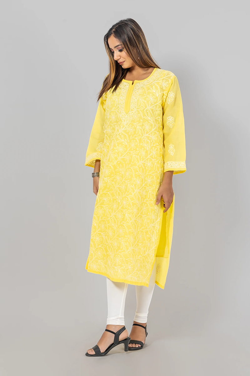 Hand Embroidered Lucknowi Chikankari Yellow Cotton Kurti