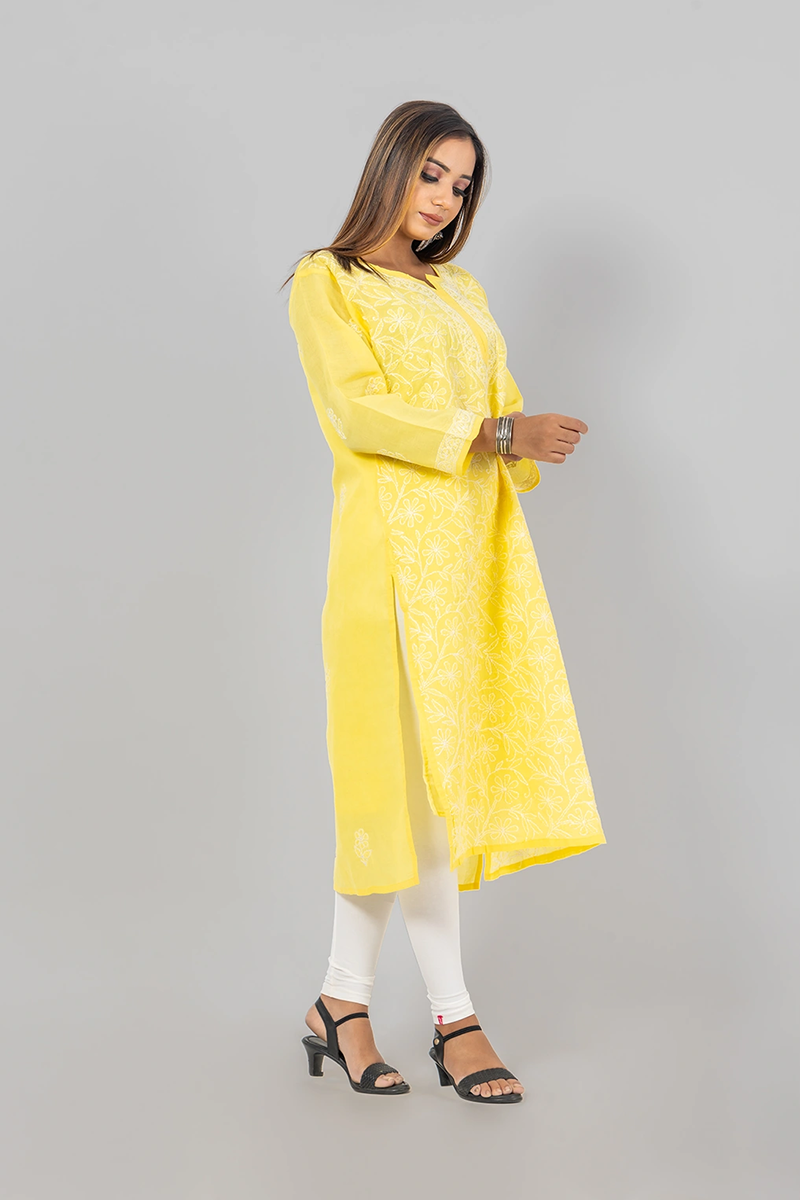 Hand Embroidered Lucknowi Chikankari Yellow Cotton Kurti