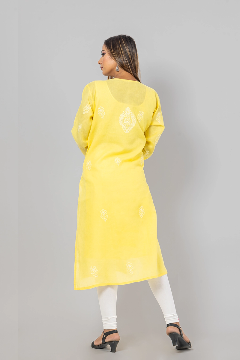 Hand Embroidered Lucknowi Chikankari Yellow Cotton Kurti