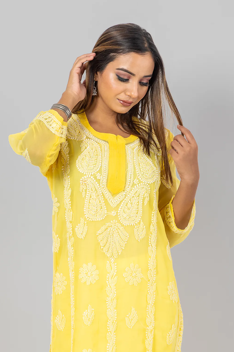 Hand Embroidered Lucknowi Chikankari Yellow Georgette Long Kurti