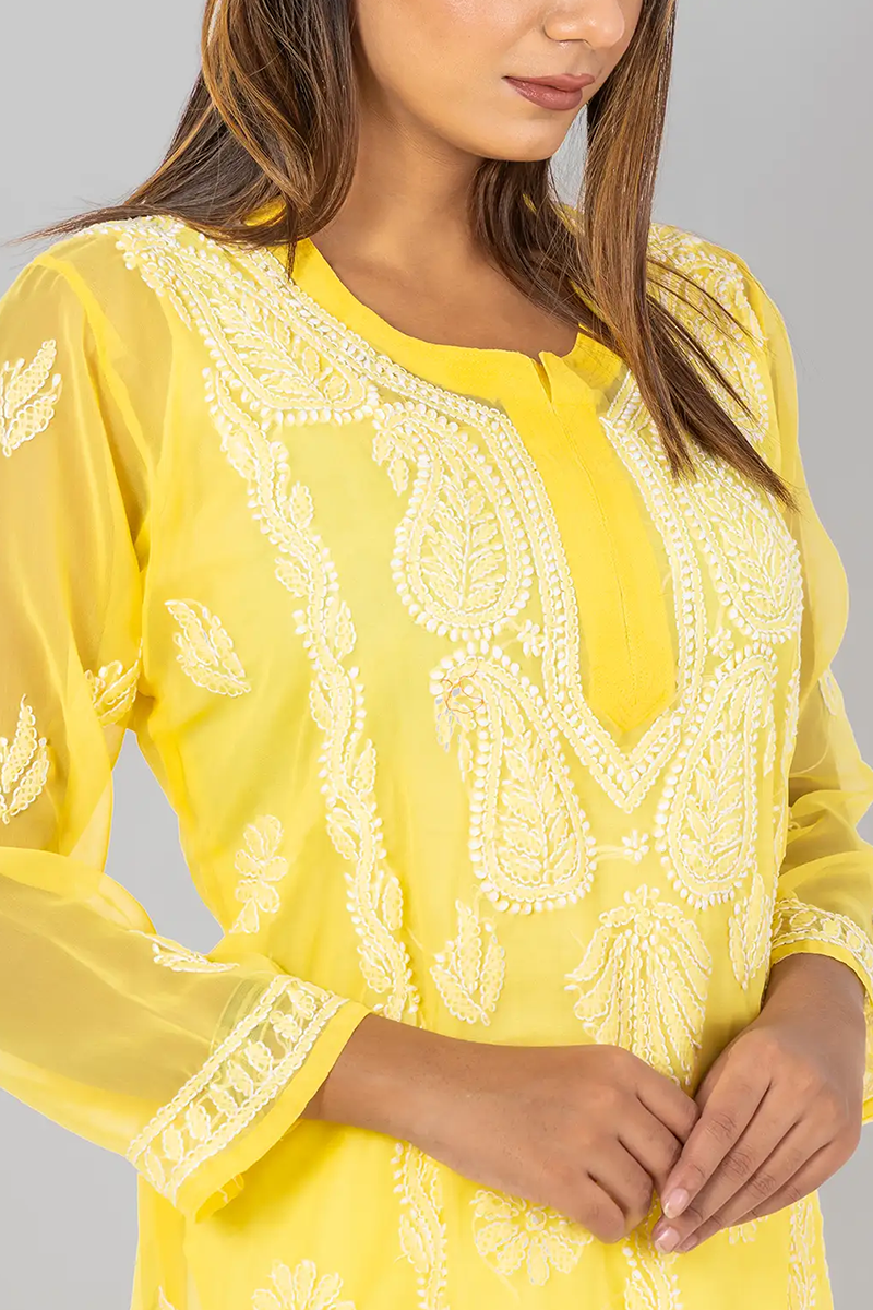 Hand Embroidered Lucknowi Chikankari Yellow Georgette Long Kurti