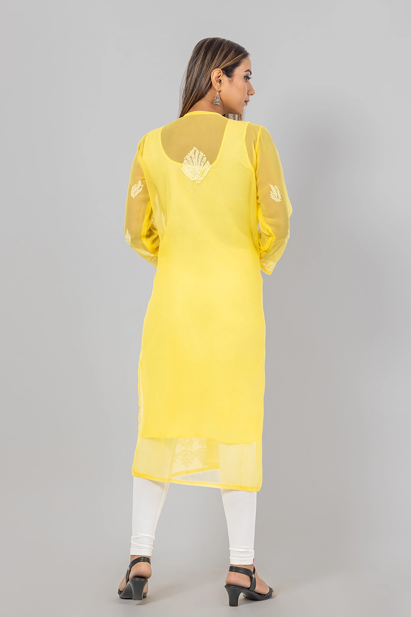 Hand Embroidered Lucknowi Chikankari Yellow Georgette Long Kurti