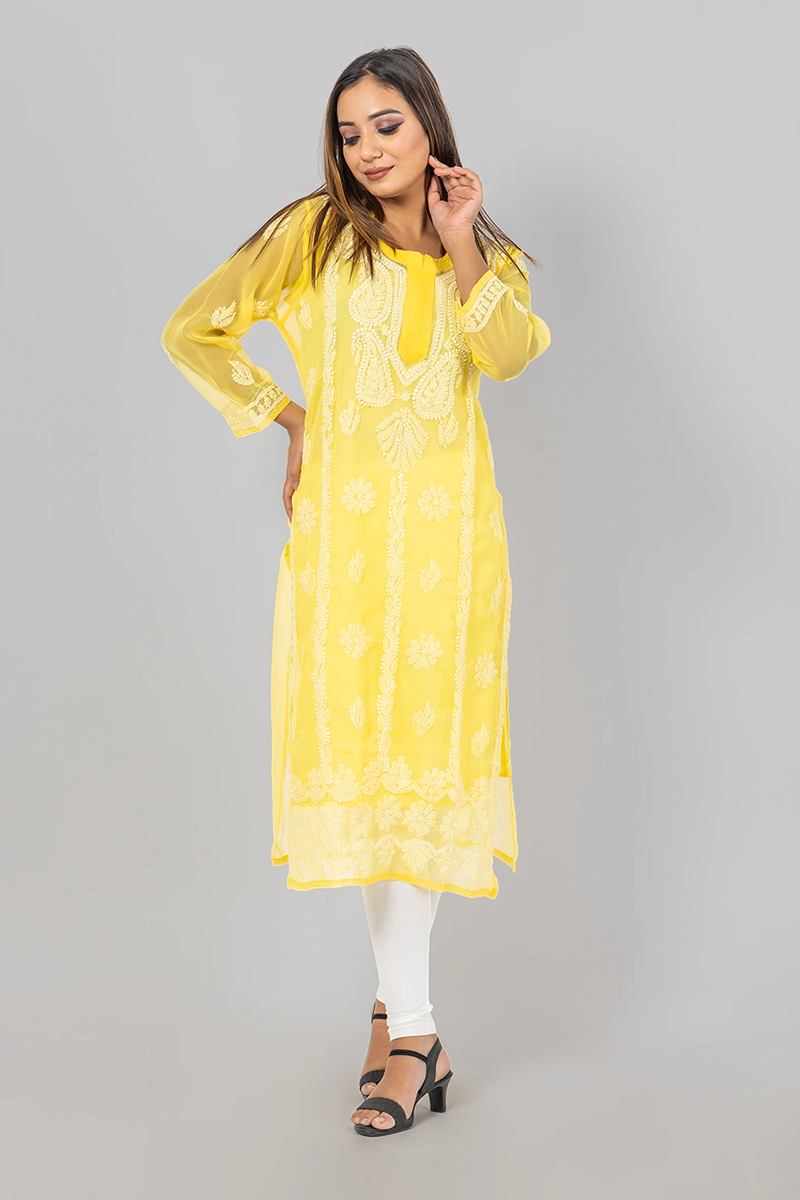 Hand Embroidered Lucknowi Chikankari Yellow Georgette Long Kurti