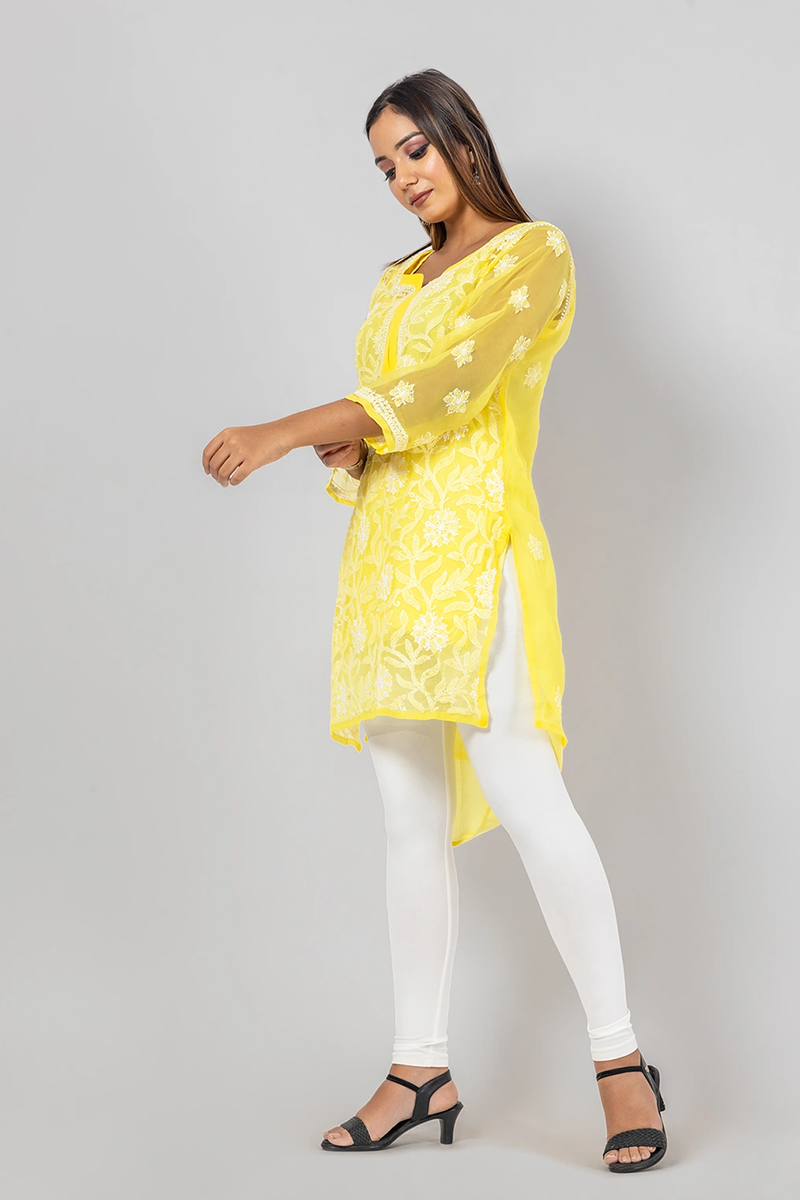 Hand Embroidered Lucknowi Chikankari Yellow Georgette Short Top