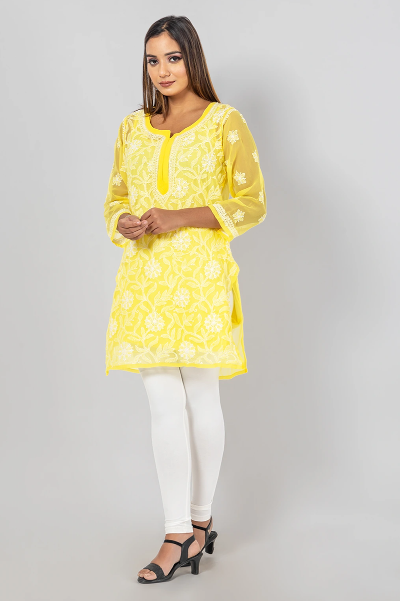 Hand Embroidered Lucknowi Chikankari Yellow Georgette Short Top