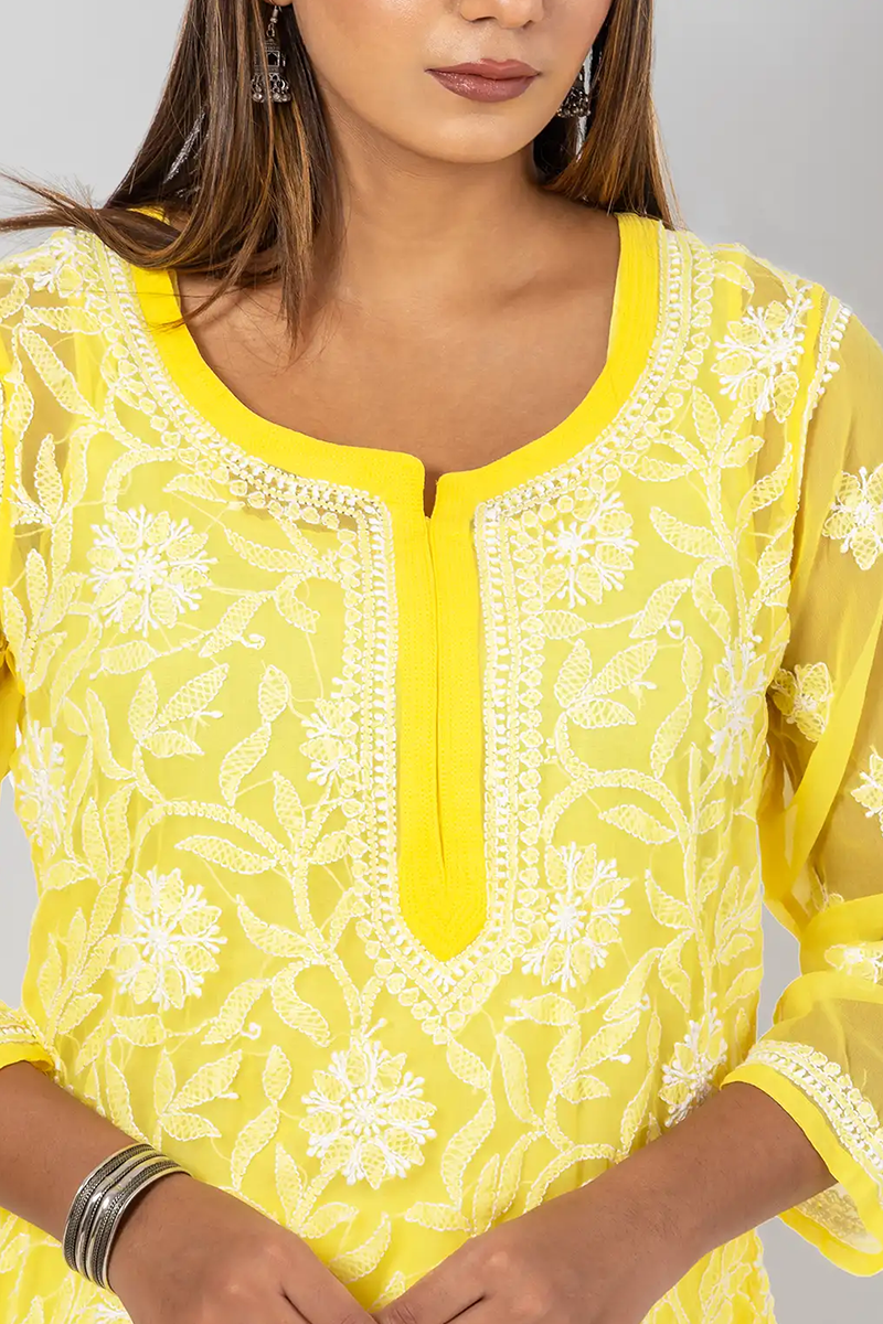 Hand Embroidered Lucknowi Chikankari Yellow Georgette Short Top