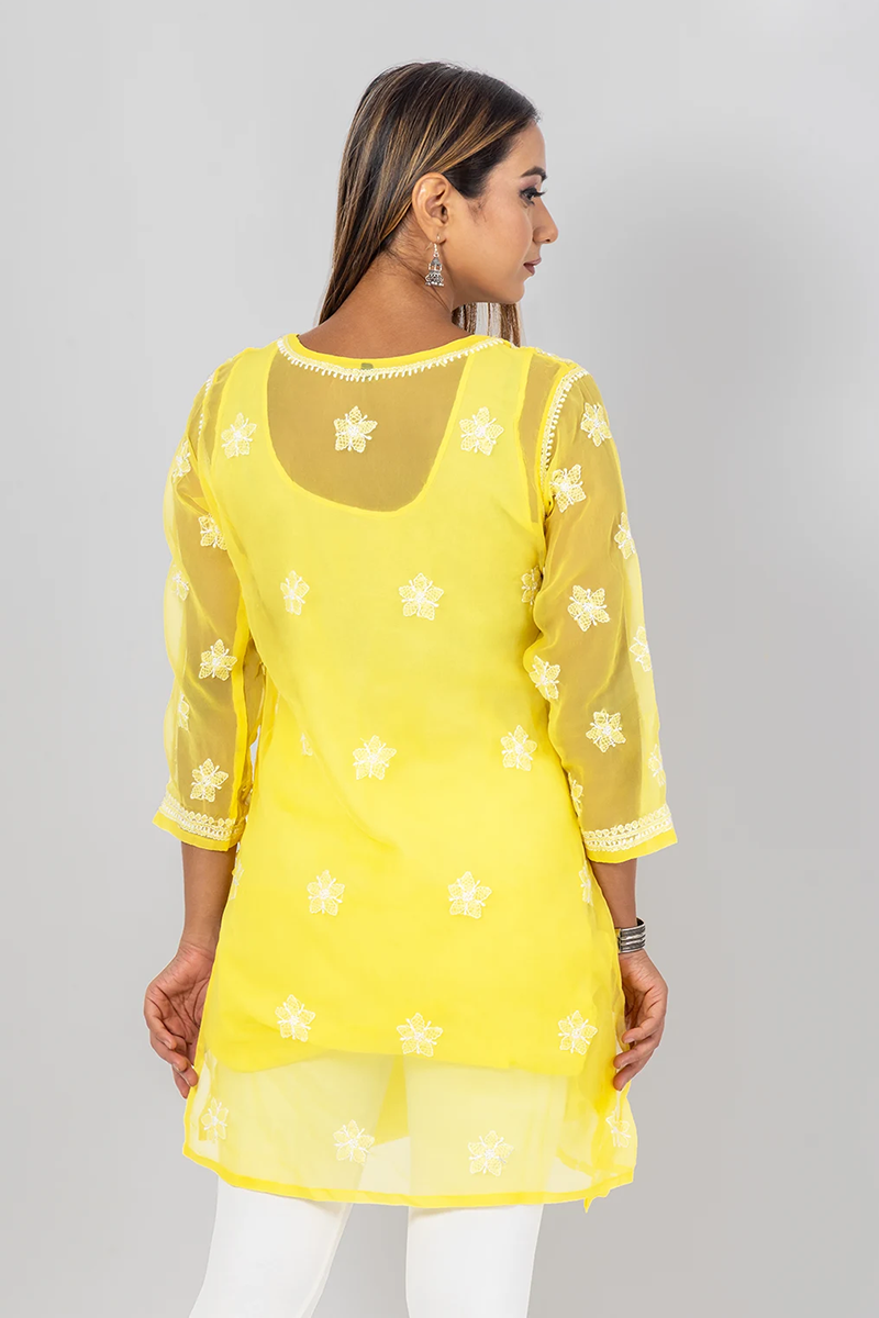 Hand Embroidered Lucknowi Chikankari Yellow Georgette Short Top