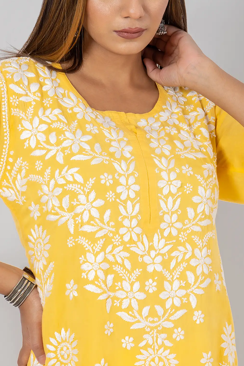 Hand Embroidered Lucknowi Chikankari Yellow Rayon Cotton Long  Kurti